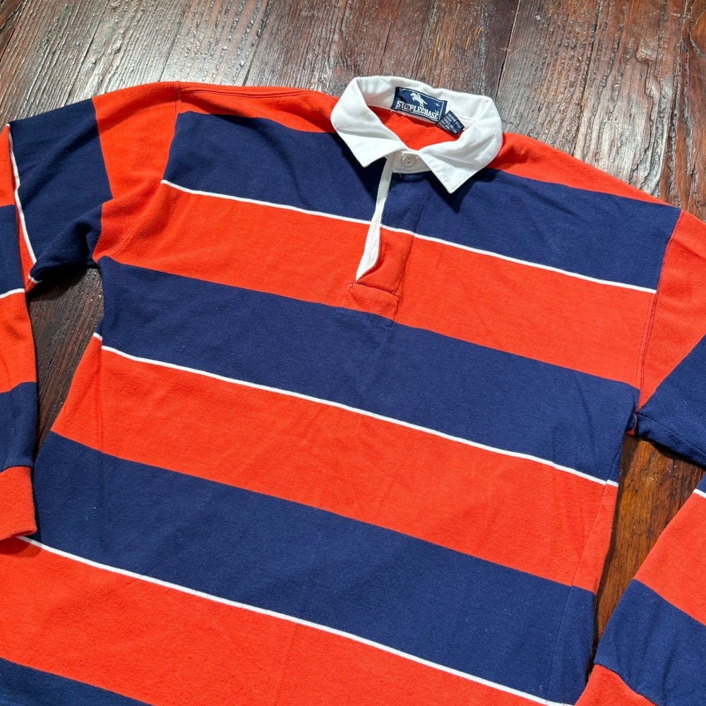 Vintage 90s Steeplechase Rugby Shirt Mens M Red Navy Blue Striped Long Sleeve